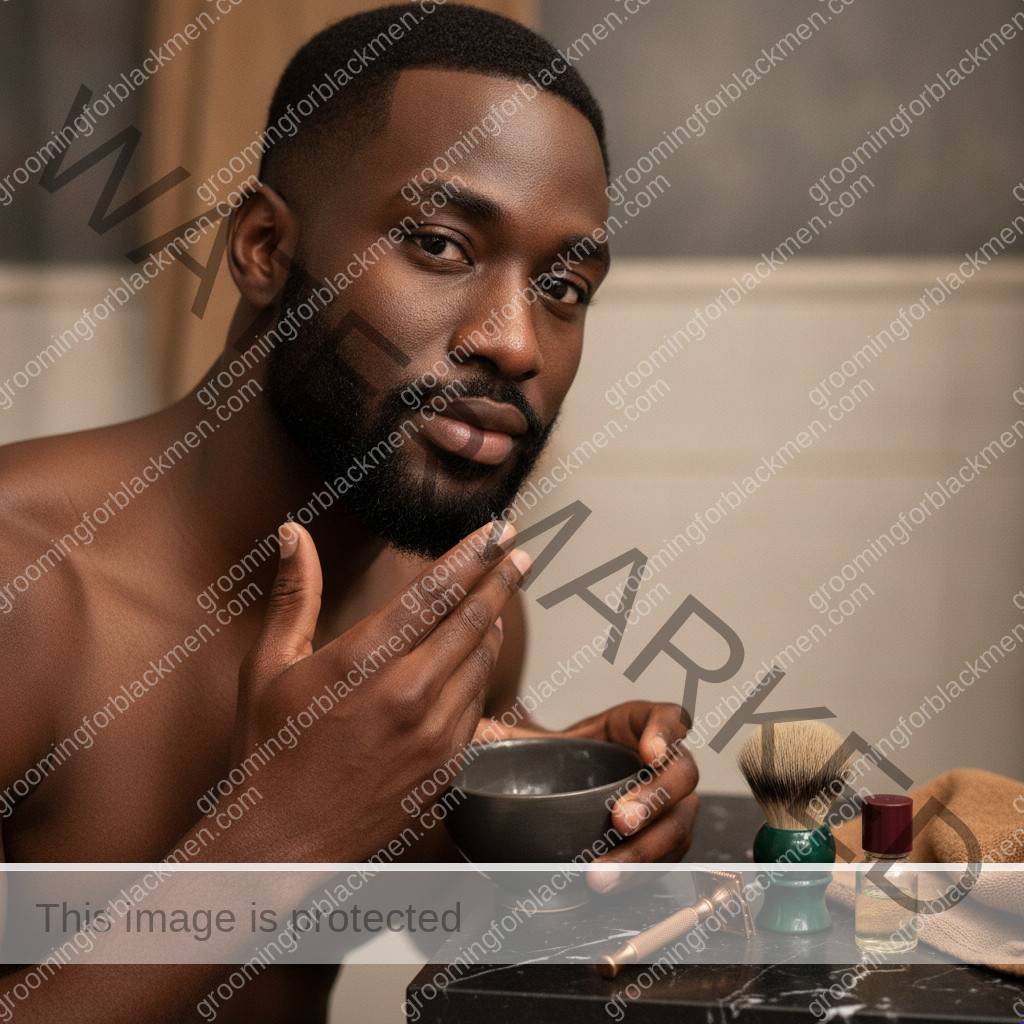 Black man in a premium grooming setting preparing aftershave care for bump-prone skin