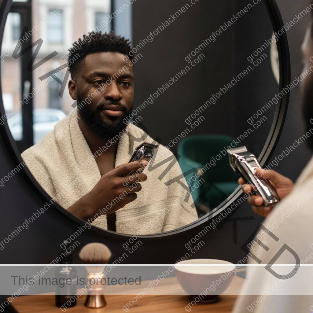 Black man preparing for a barber visit with clean grooming tools