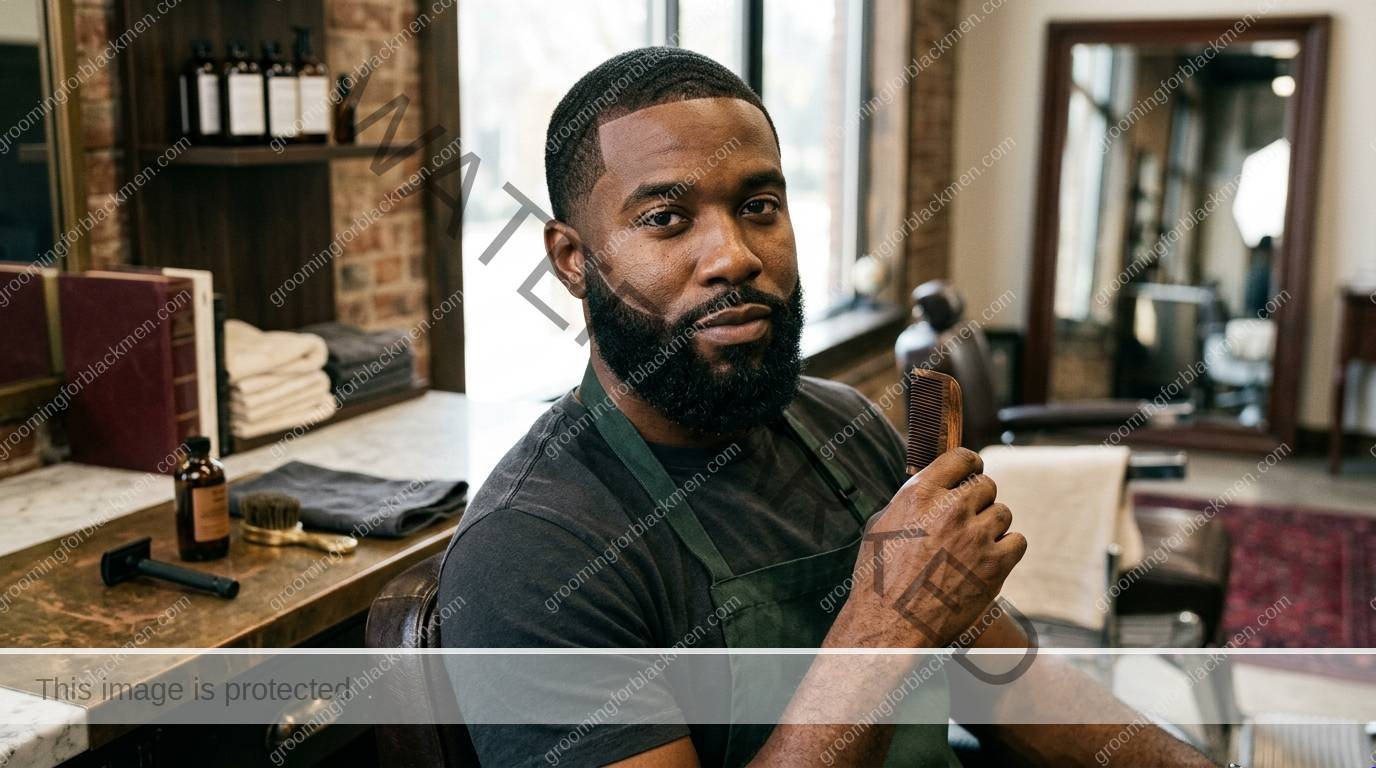 Black man grooming a sharp beard lineup in a premium bathroom setting