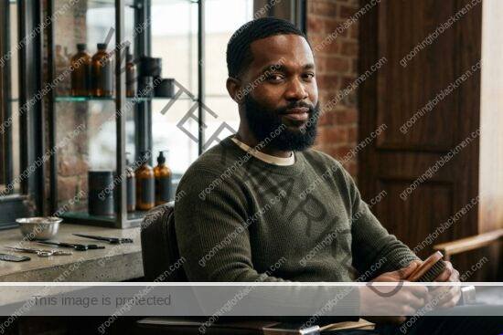 Black man with a well-groomed beard in a practical grooming setup