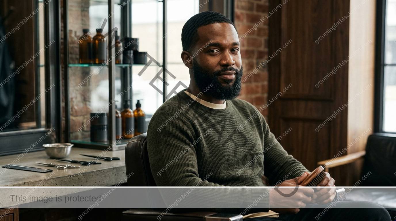 Black man with a well-groomed beard in a practical grooming setup