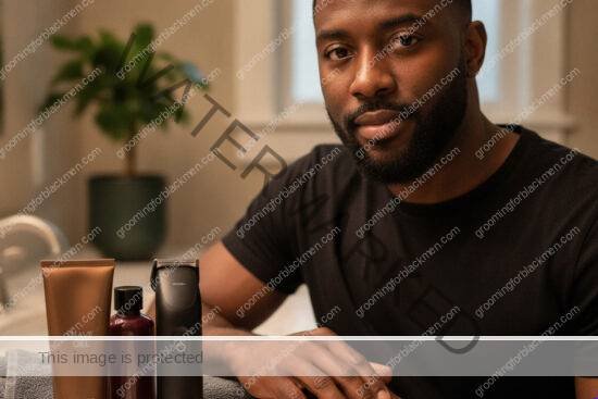 Black man with a simple budget shaving kit arranged on a grooming counter