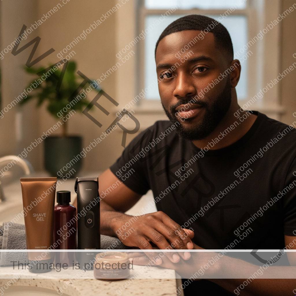 Black man with a simple budget shaving kit arranged on a grooming counter