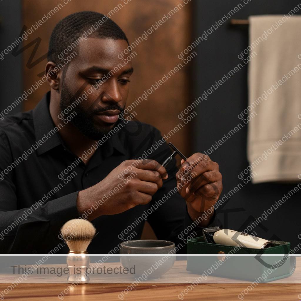 Black man reviewing commercial shaving tools in a premium grooming setting