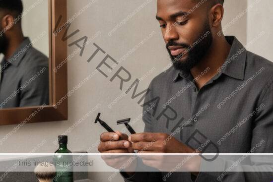 Black man checking grooming tools before shaving to avoid common mistakes