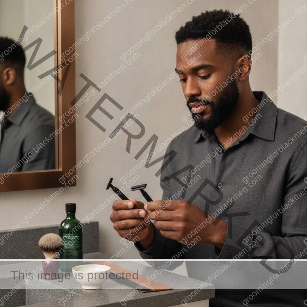 Black man checking grooming tools before shaving to avoid common mistakes