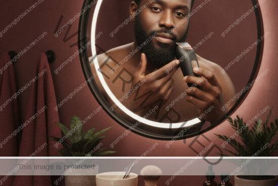 Black man with rich brown skin using an electric shaver in a premium grooming routine