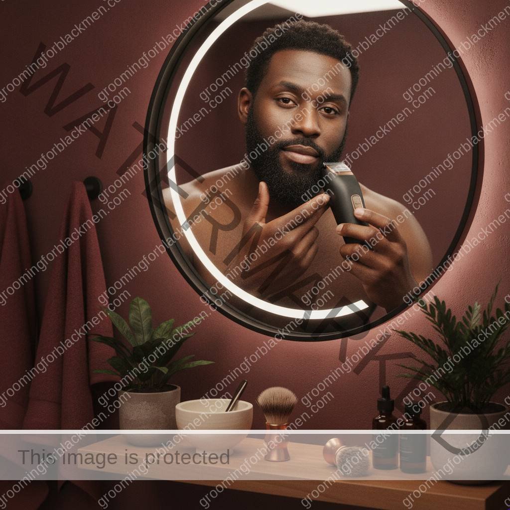 Black man with rich brown skin using an electric shaver in a premium grooming routine