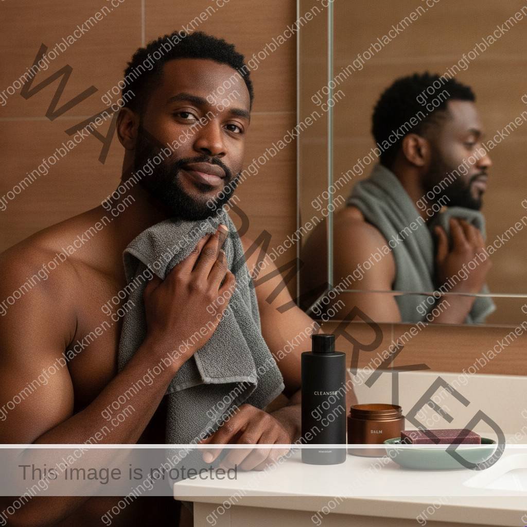 Black man calmly simplifying his post-shave routine after irritation