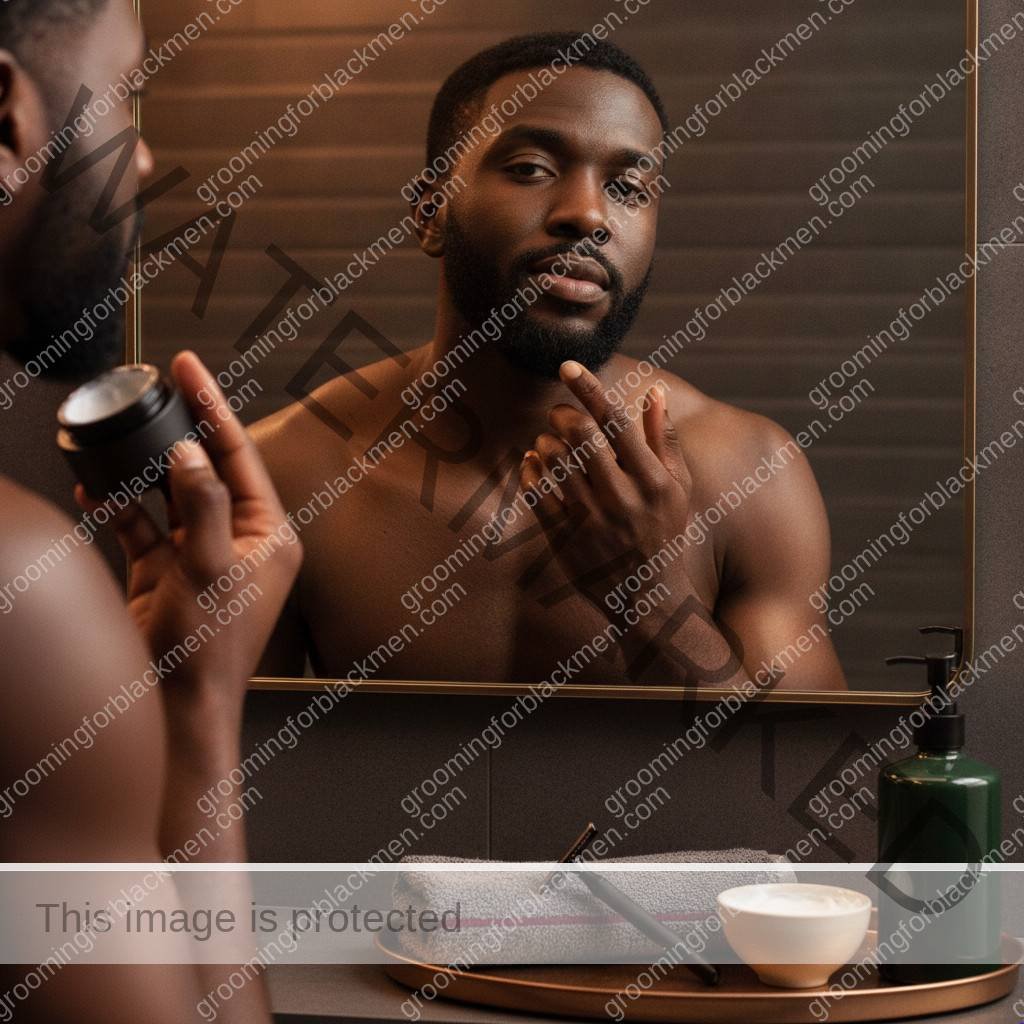 Black man with rich brown skin using a calm grooming routine for ingrown hair care