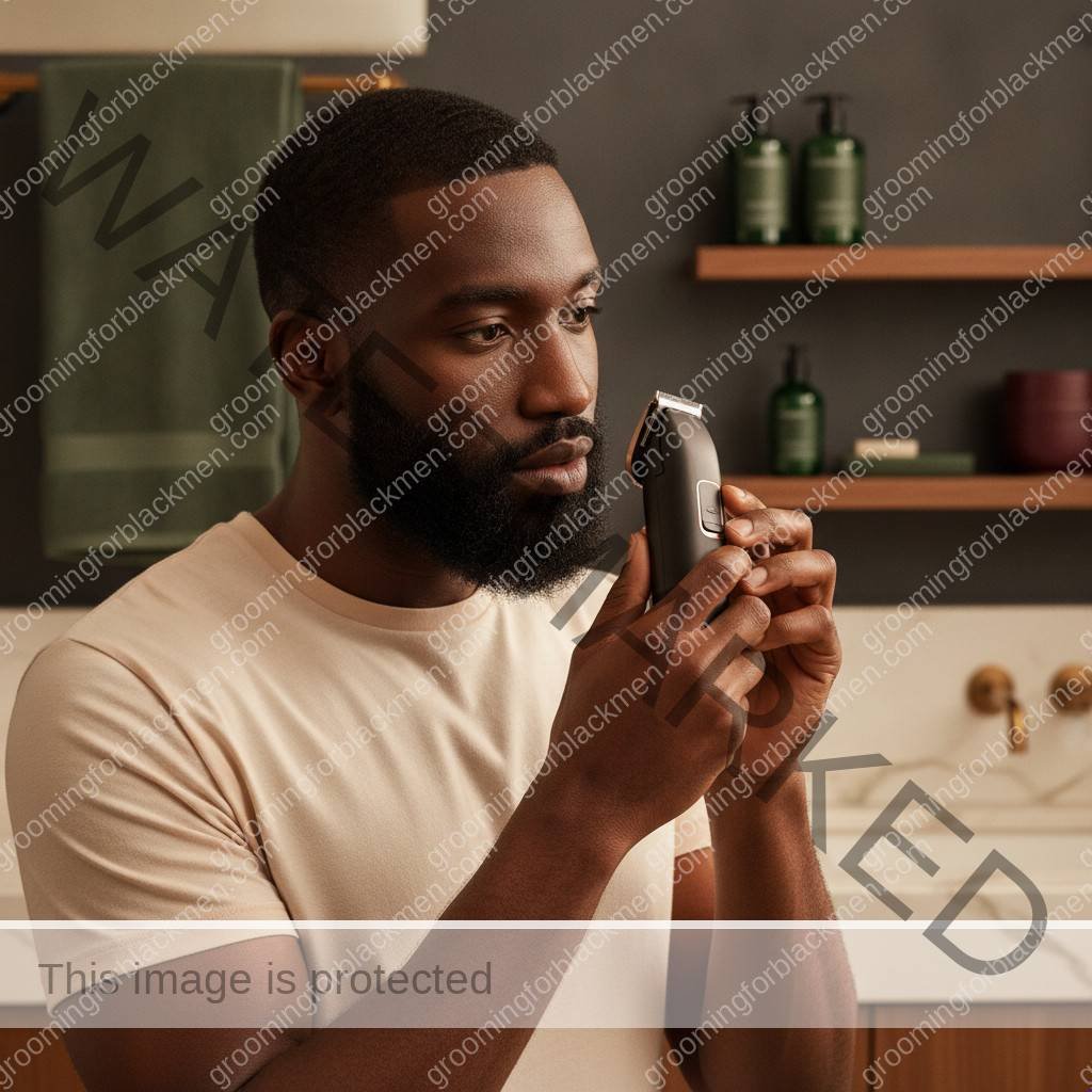 Black man with rich brown skin preparing a clean lineup routine without irritation