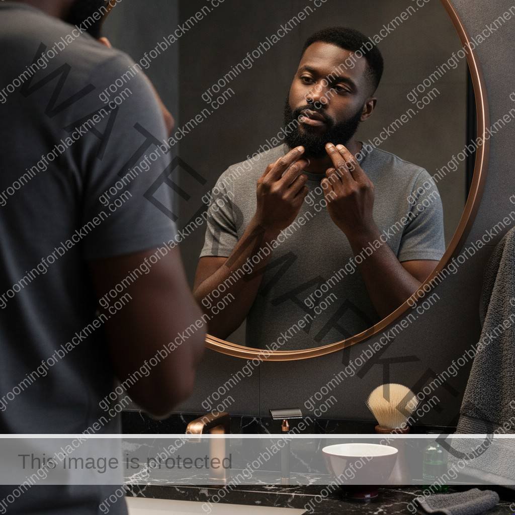 Black man with rich brown skin checking beard direction before shaving