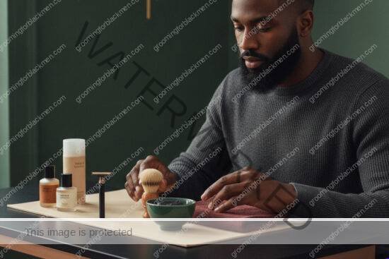 Black man auditing his monthly grooming routine with tools arranged neatly