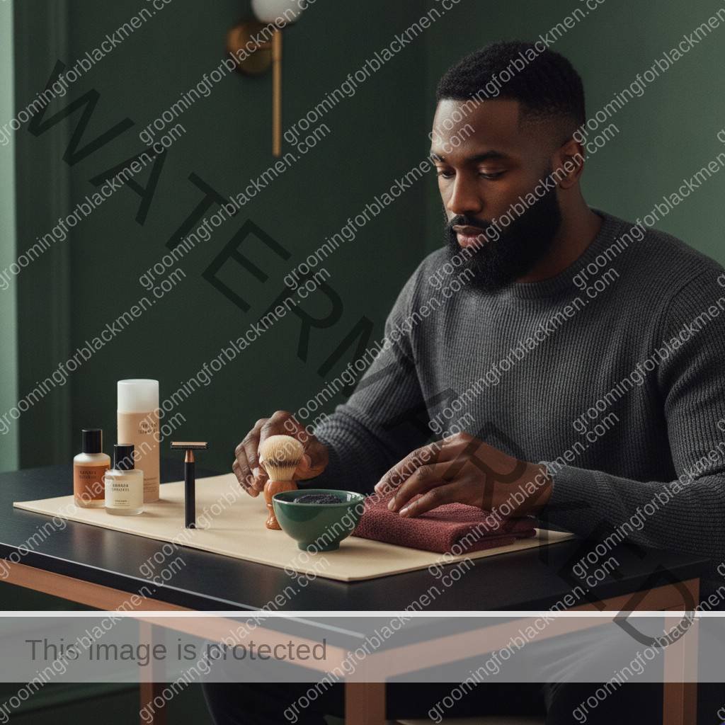 Black man auditing his monthly grooming routine with tools arranged neatly