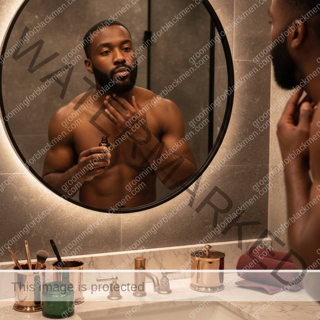 Black man with rich brown skin grooming his neckline with care to reduce neck bumps