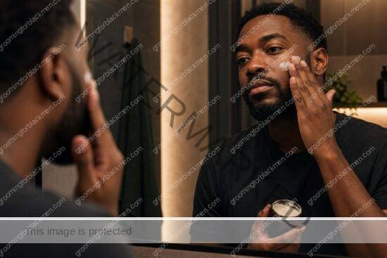 Black man applying moisturizer during a nighttime skincare routine - Grooming For Black Men