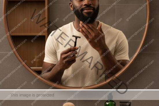 Black man with rich brown skin preparing a careful shaving routine to prevent razor bumps