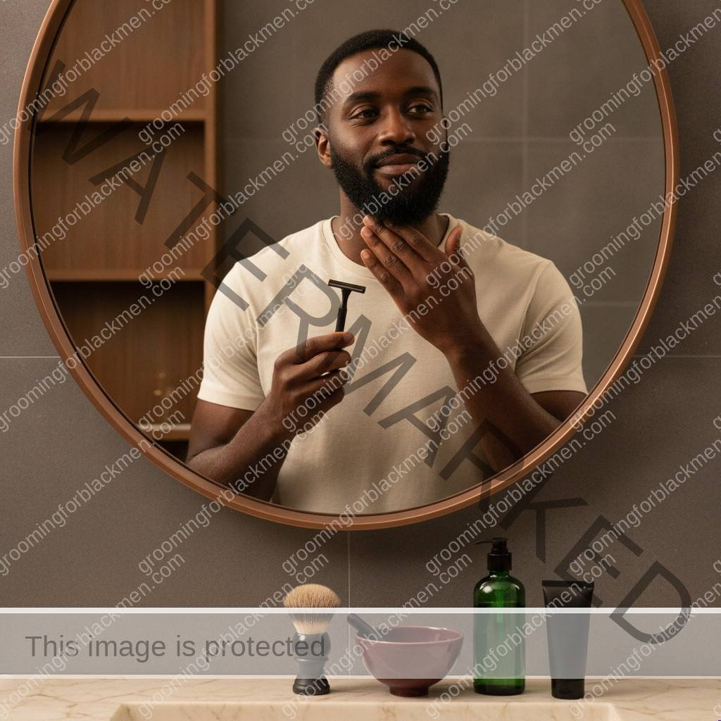 Black man with rich brown skin preparing a careful shaving routine to prevent razor bumps