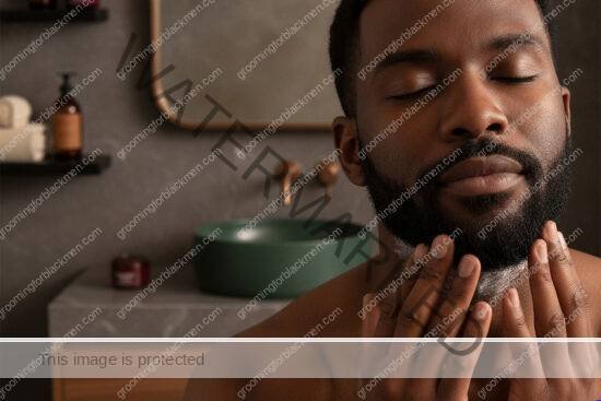 Black man with rich brown skin caring for post-shave skin and dark marks after razor bumps