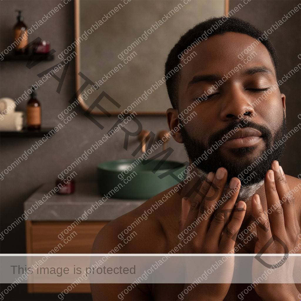 Black man with rich brown skin caring for post-shave skin and dark marks after razor bumps