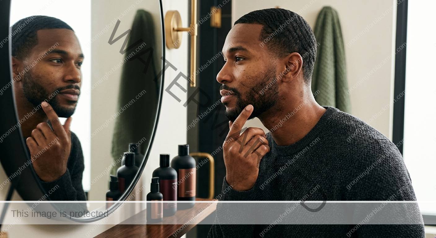Black man reviewing a retinoid skincare routine in a premium bathroom setting