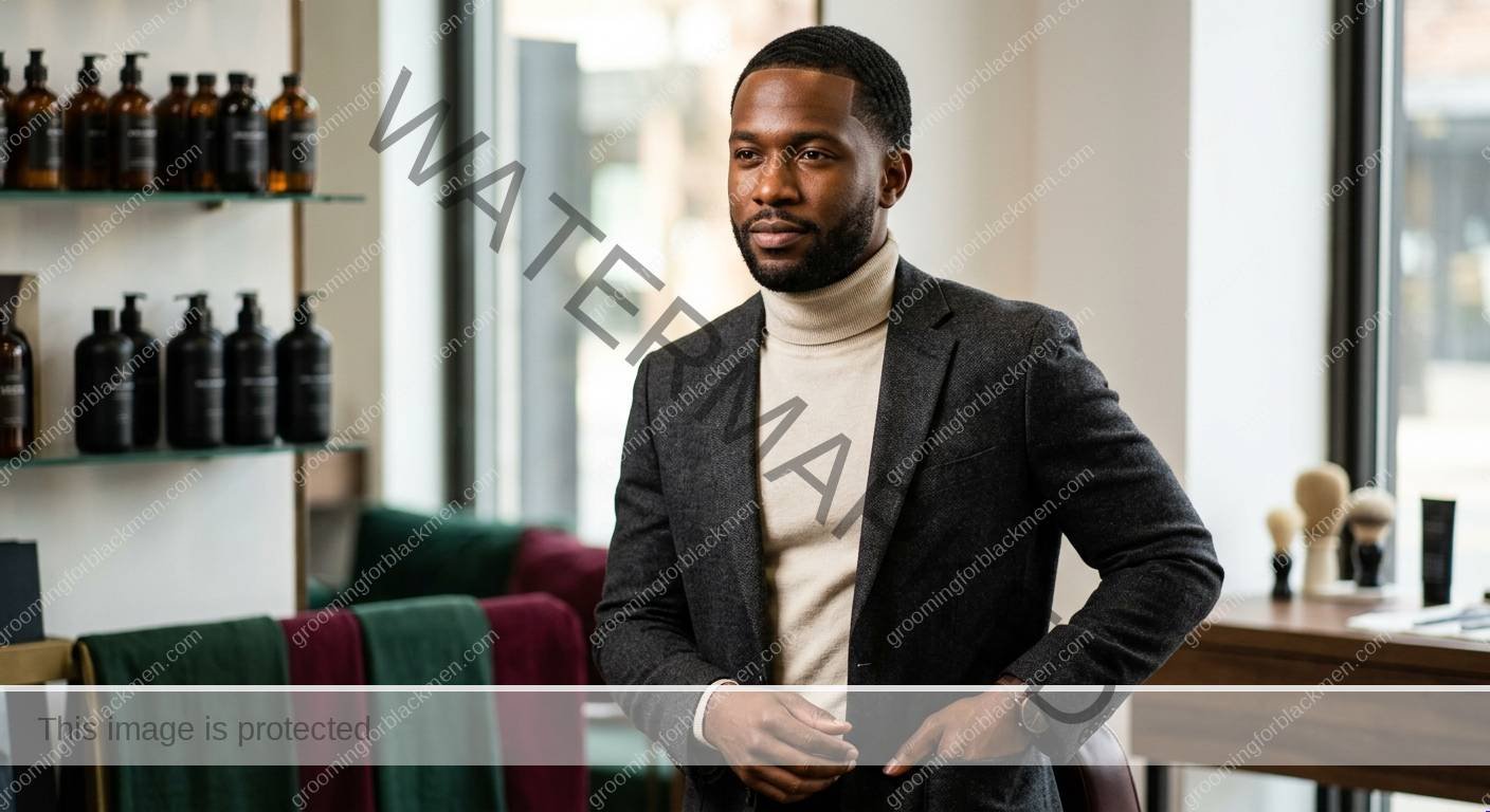 Black man with calm confident skin after a disciplined grooming routine
