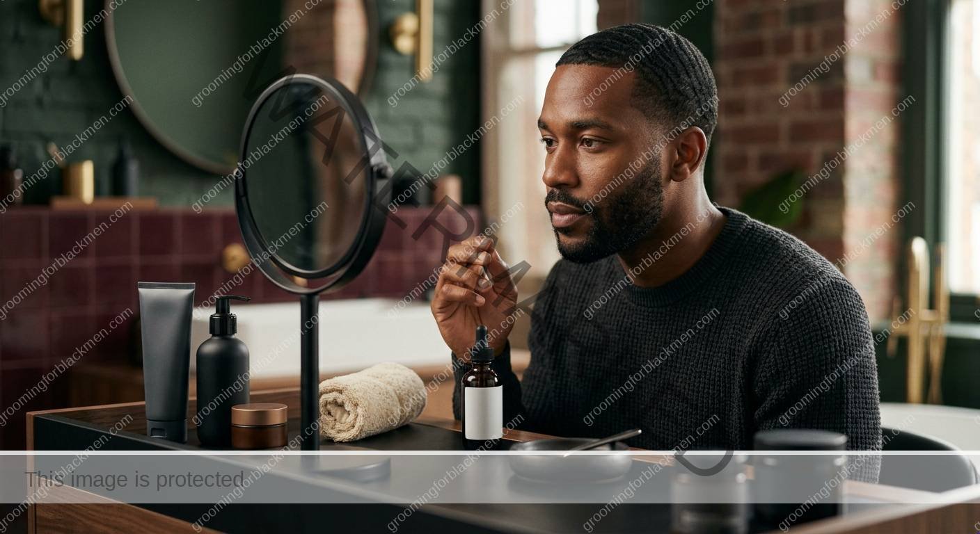 Black man preparing a simple evening skincare setup with cleanser moisturizer and retinoid