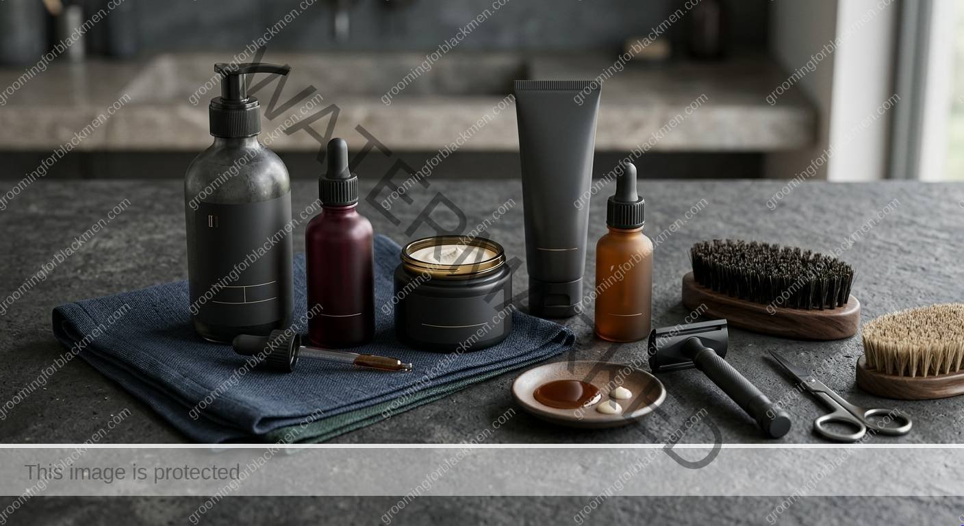 Premium grooming tools and skincare products arranged for a Black man's routine