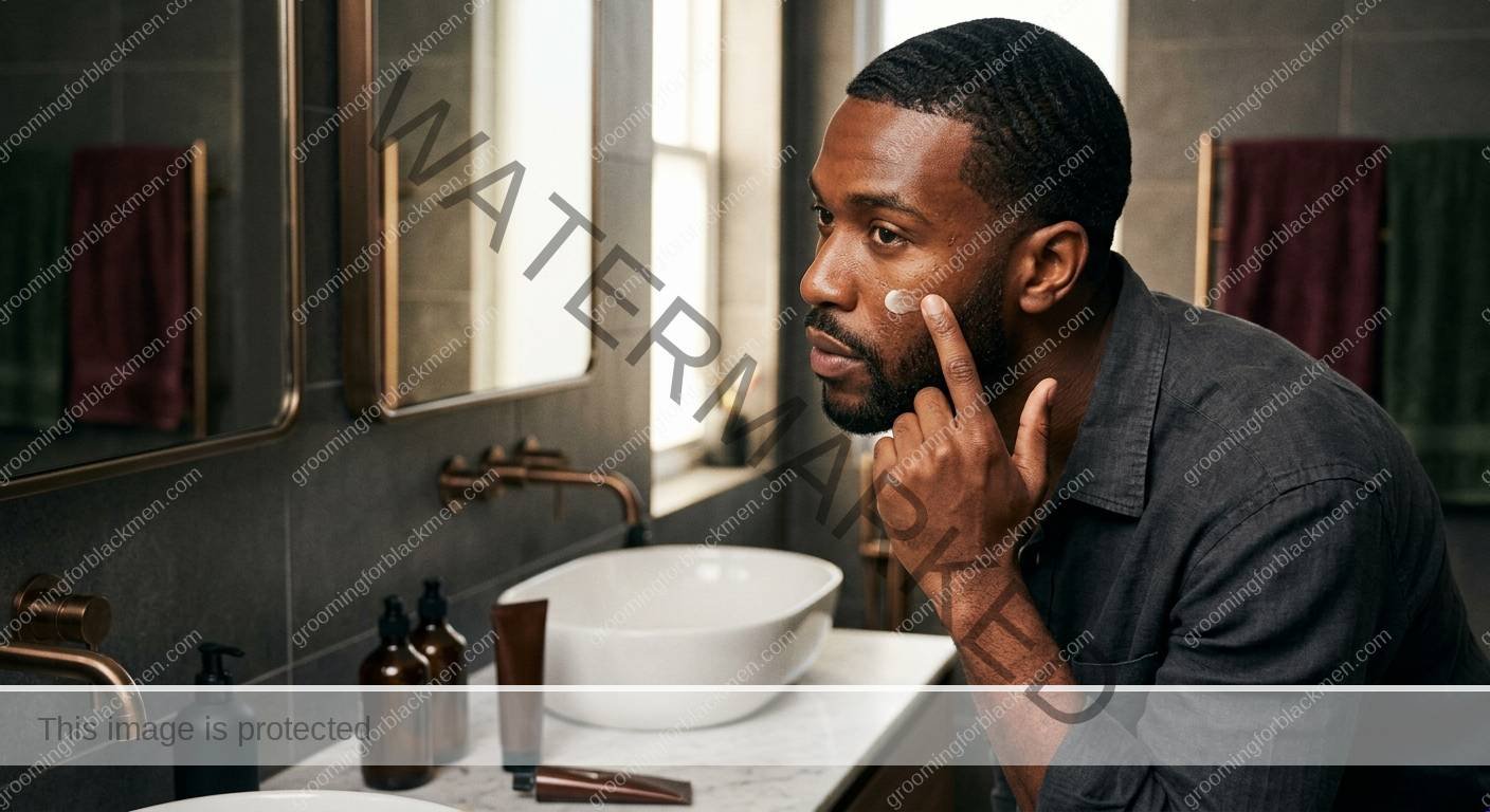 Black man applying a careful amount of nighttime skincare with controlled technique