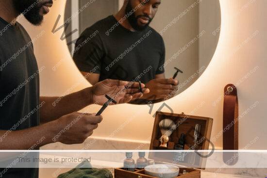 Black man reviewing his shaving routine at a grooming mirror