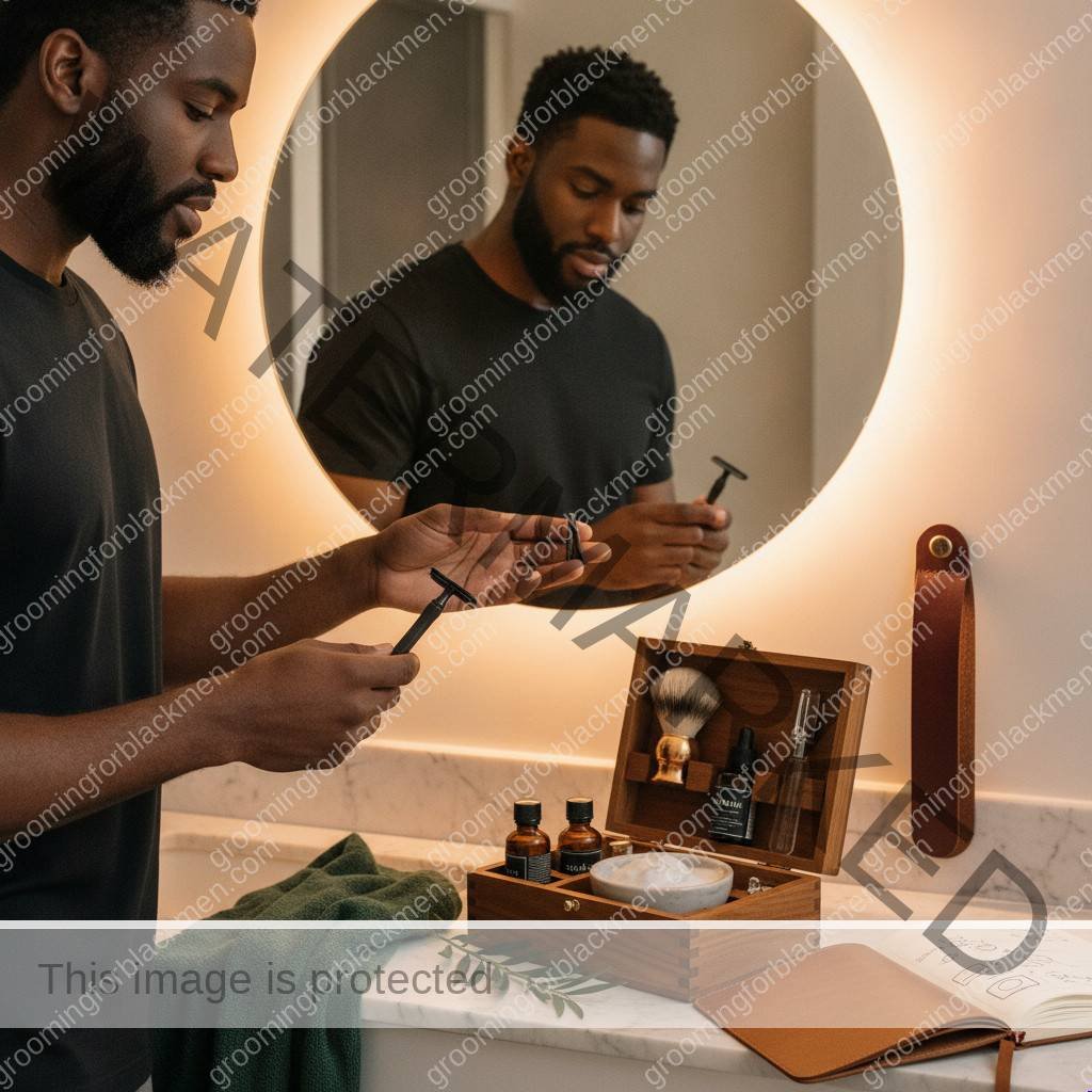 Black man reviewing his shaving routine at a grooming mirror