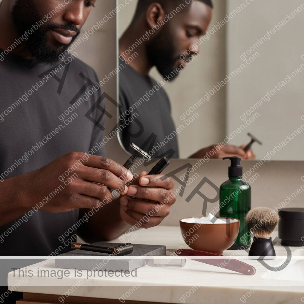 Black man with rich brown skin comparing shaving tools in a premium grooming routine