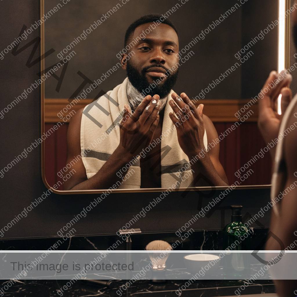 Black man with rich brown skin preparing a gentle shaving routine for sensitive skin