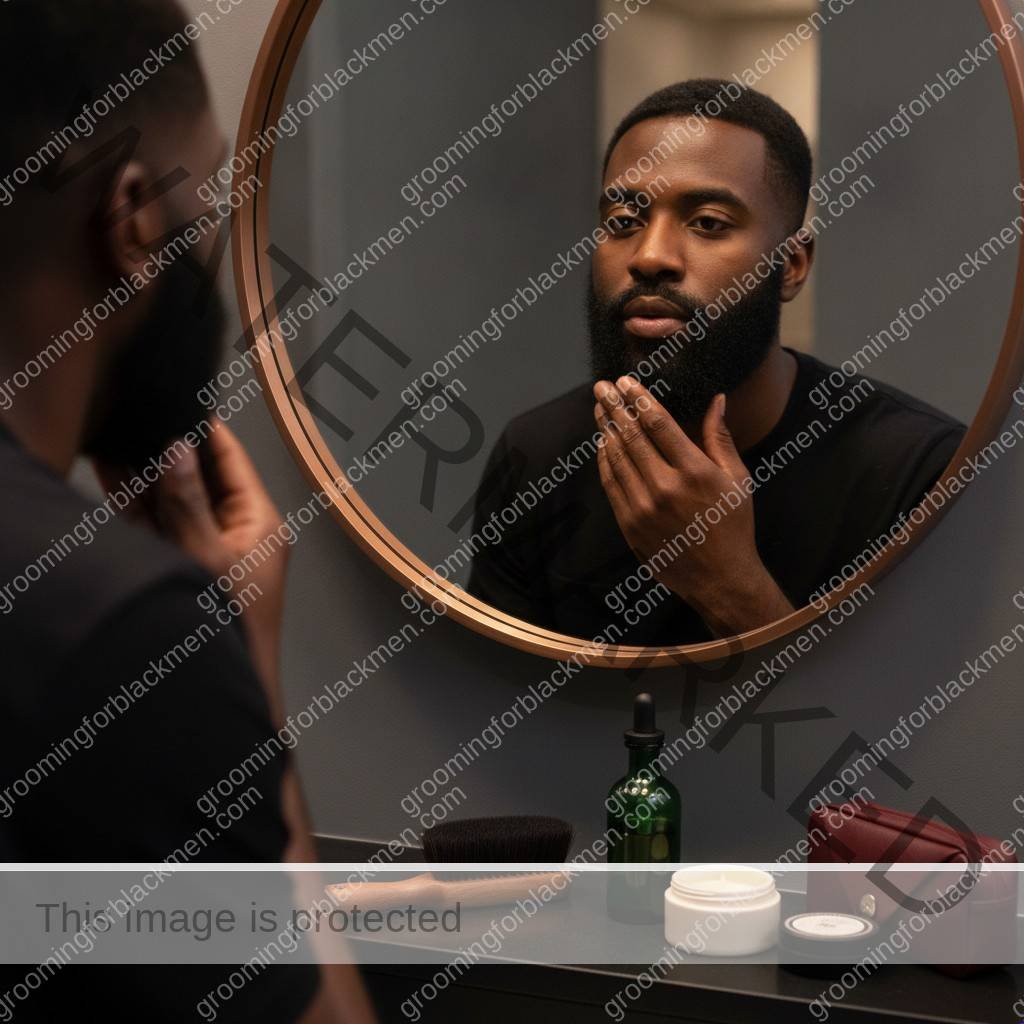 Black man calmly checking his beard before deciding shaving frequency