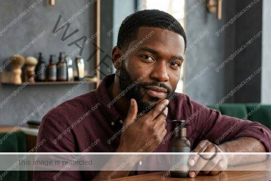 Black man applying sunscreen in a premium grooming setting for dark mark care