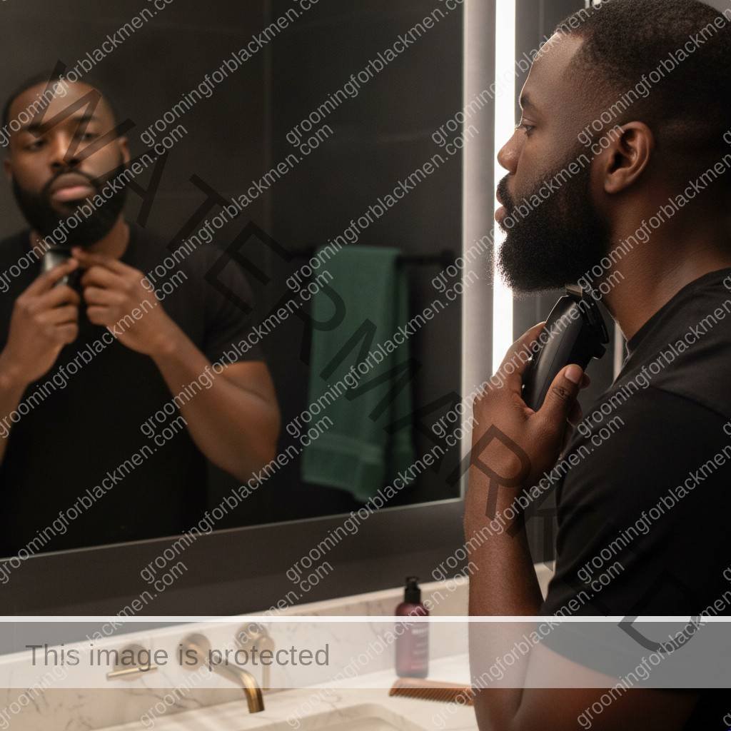 Black man with rich brown skin using a guarded trimmer for a careful grooming routine