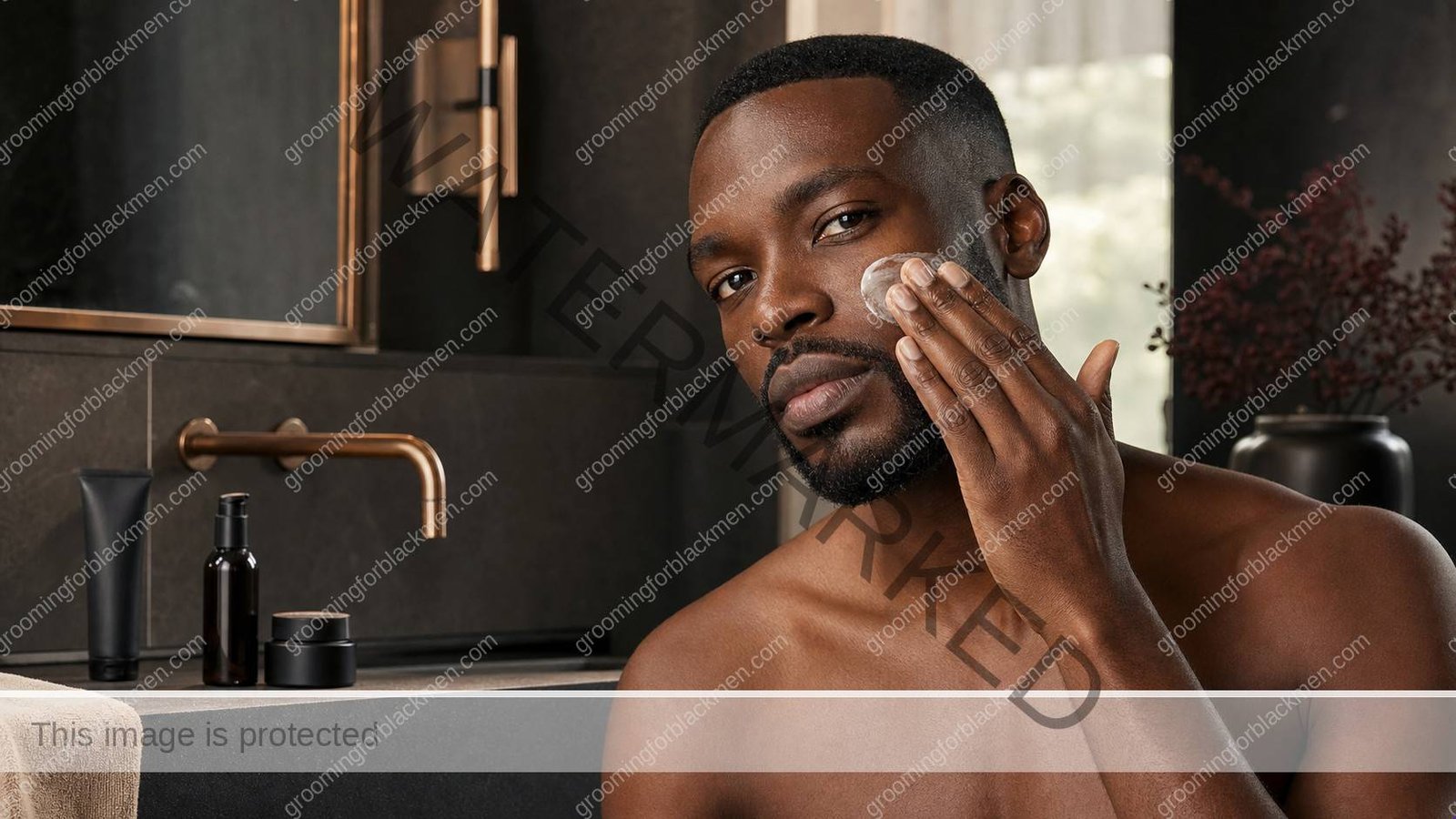 Black man beginning a basic skincare routine Black men simple routine in a premium grooming setting