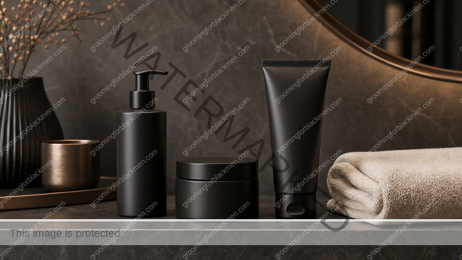 Unlabeled product types for a simple three-step skincare routine arranged on a masculine vanity - Grooming For Black Men