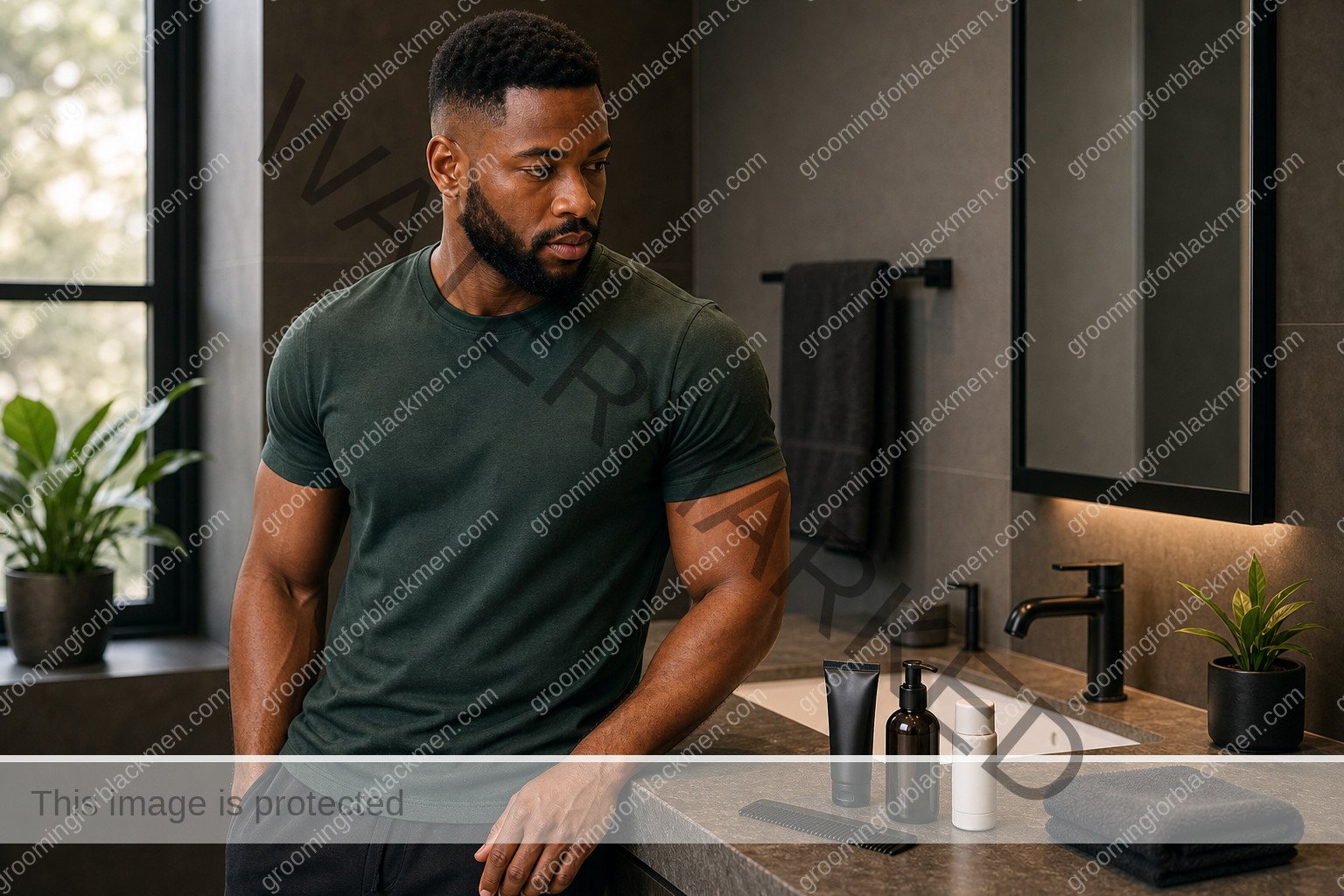 Black man preparing a 5-minute morning routine routine in a clean masculine grooming space