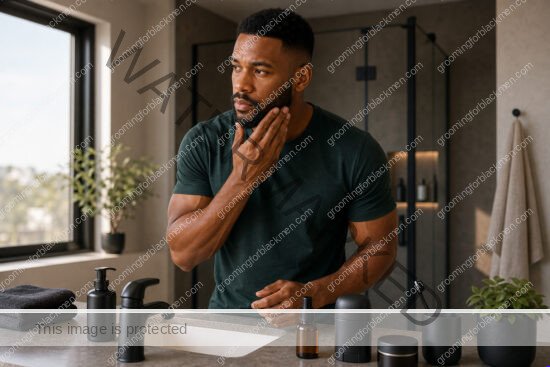 Black man with rich brown skin in a premium grooming setting for 5 minute morning routine for black men practical grooming guide