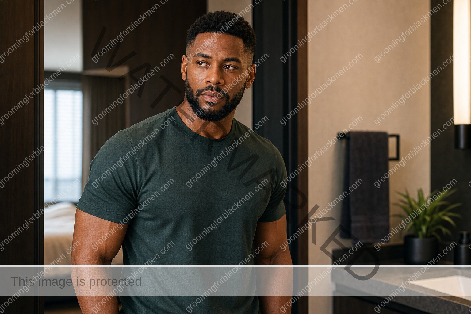Black man with a clean finished 5-minute morning routine routine and realistic skin texture