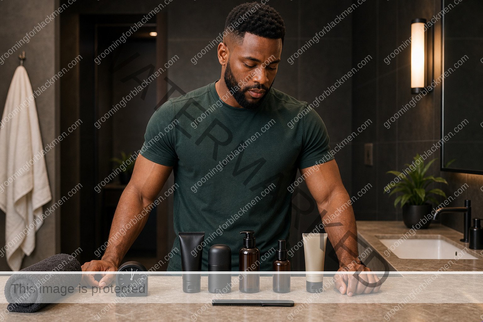 Black man organizing grooming products and tools before a 5-minute morning routine routine