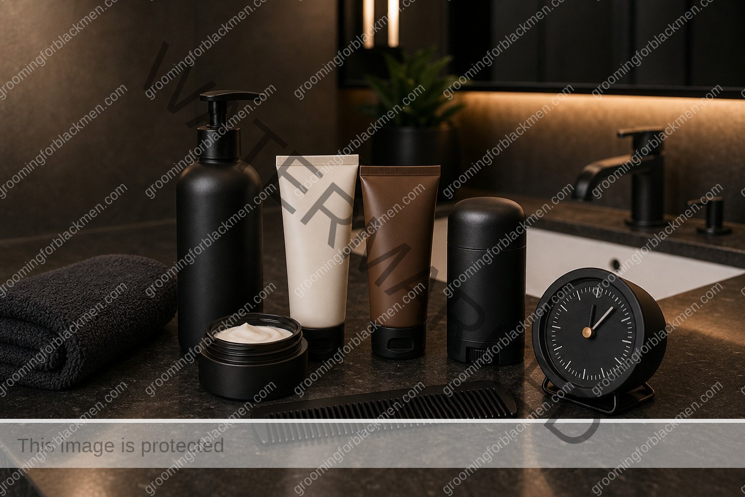 Grooming tools and product categories for Black men arranged for 5-minute morning routine