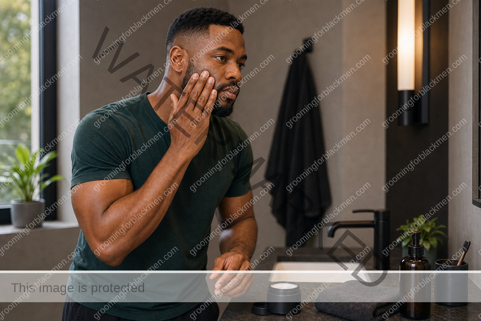 Black man using a realistic 5-minute morning routine grooming step with careful technique