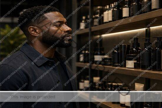 Black man with rich brown skin in a premium grooming setting for advanced buying guide for black men