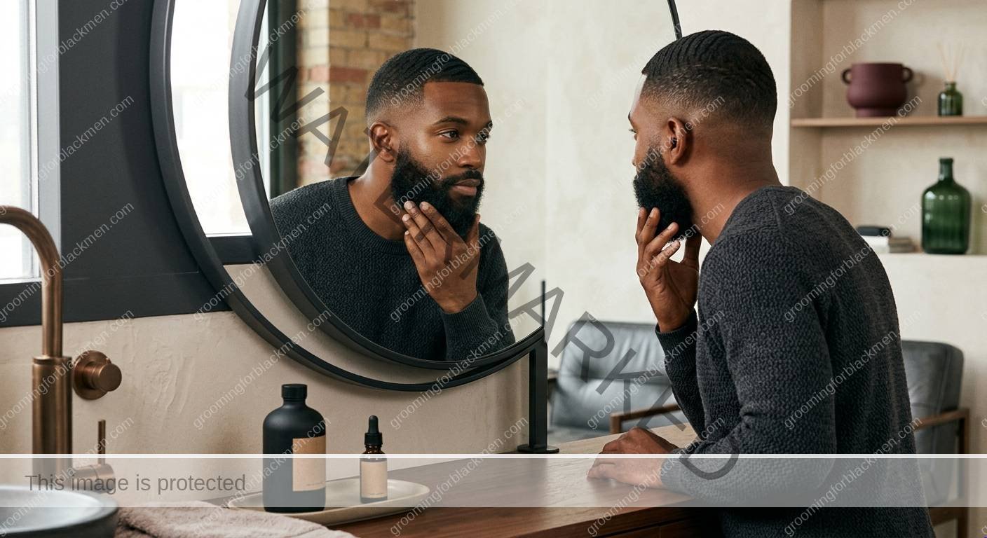 Black man reviewing affordable beard oil choices in a clean grooming setup