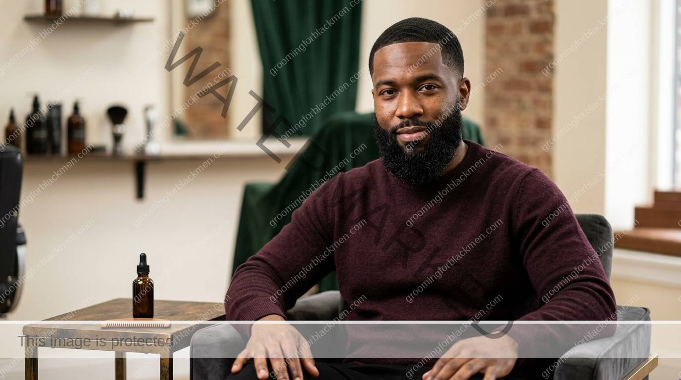 Black man with rich brown skin using affordable beard oil in a premium grooming setting