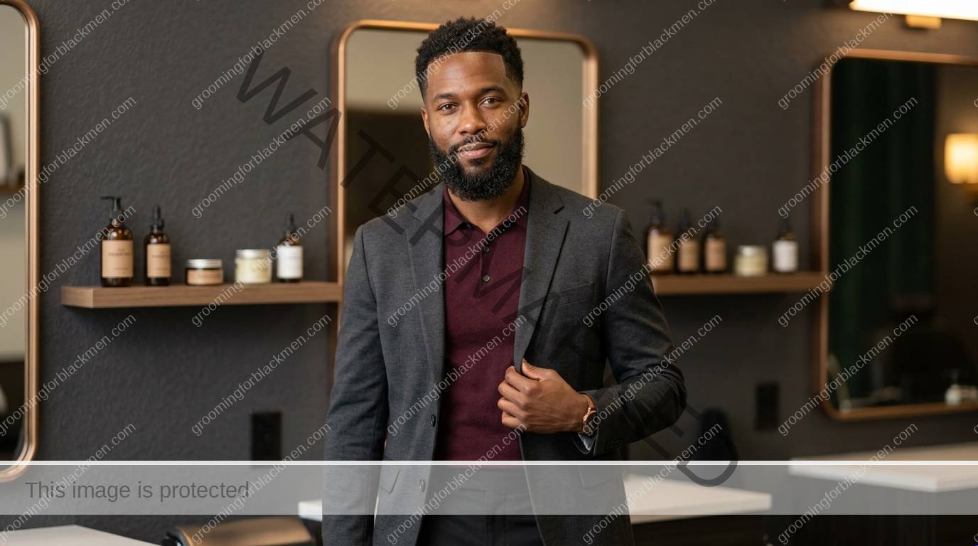 Black man with a calm finished affordable beard oil routine and realistic skin texture