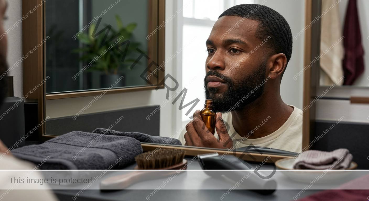 Black man organizing affordable grooming products before choosing what to keep