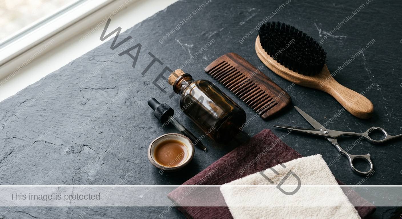 Affordable grooming tools and product categories for Black men arranged cleanly